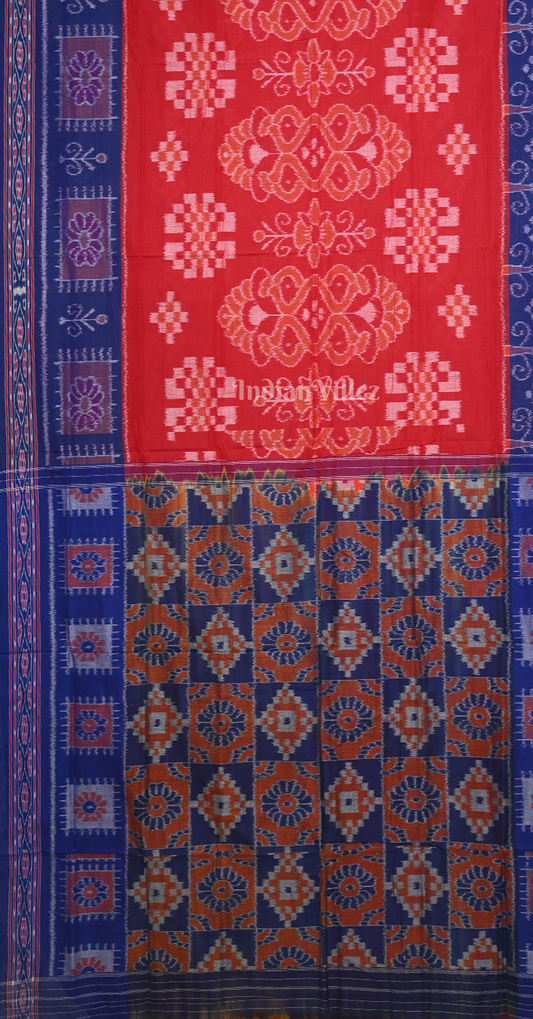 Red Blue Flower Scot Odisha Ikat Sambalpuri Cotton Saree