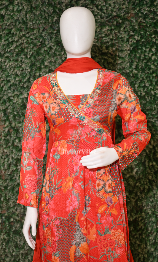 Red Floral Embroidered urta Plazzoo with Dupatta set
