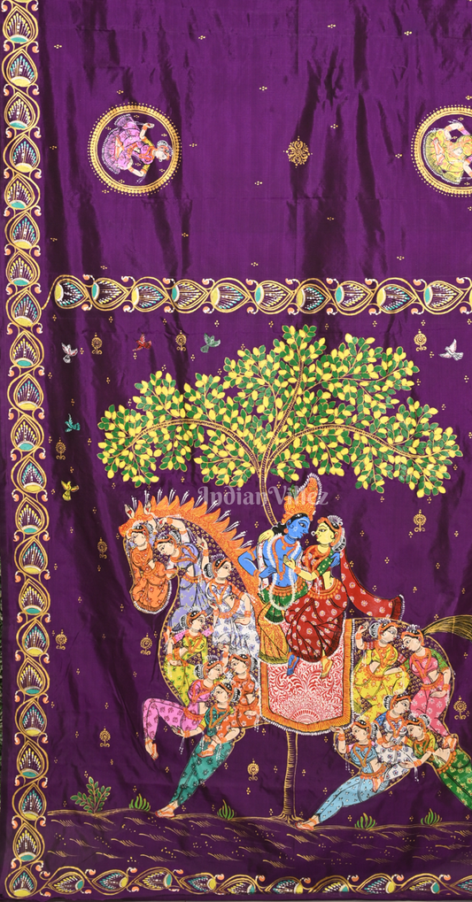 Purple Kandarpa Ashwa Hand-Painted Pattachitra Saree