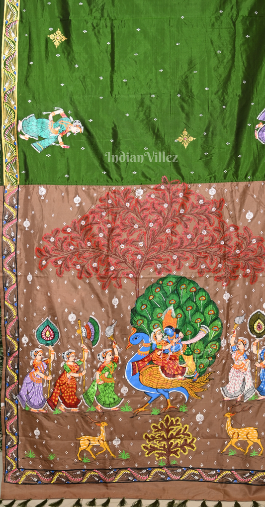 Green Beige Peacock (Mayur) & Nartaki Theme Hand-Painted Pattachitra Saree