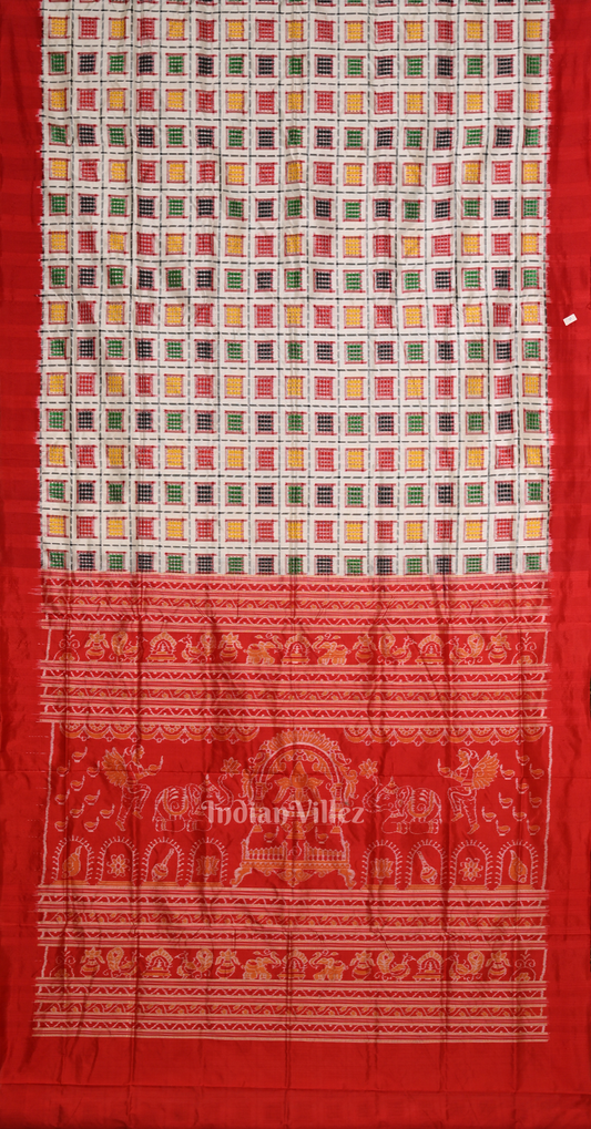 White Red Mini Aswini Odisha Ikat Sambalpuri Silk Saree