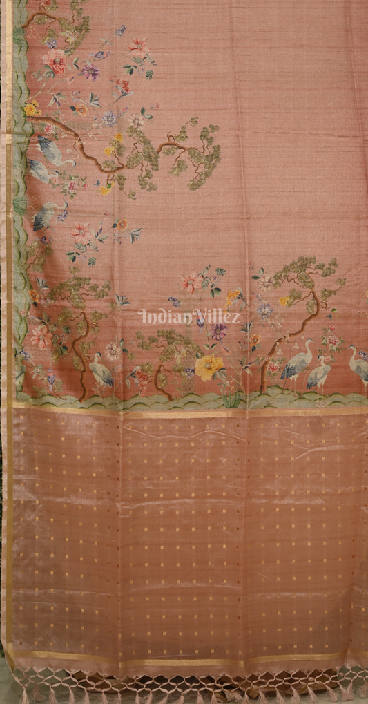 Peach Golden Tusasr Silk Saree with Floral Embroidery Work