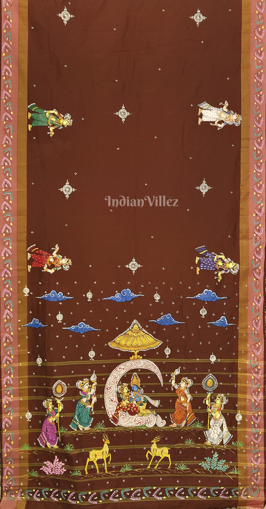 Chocolate Brown Ardha Chandra Krishna Rasa Leel Hand-Painted Pattachitra Saree