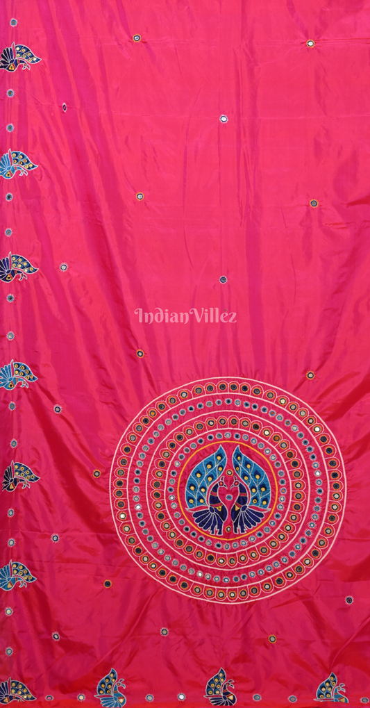 Rani Pink Blue Applique Work Hand Embroidered Saree