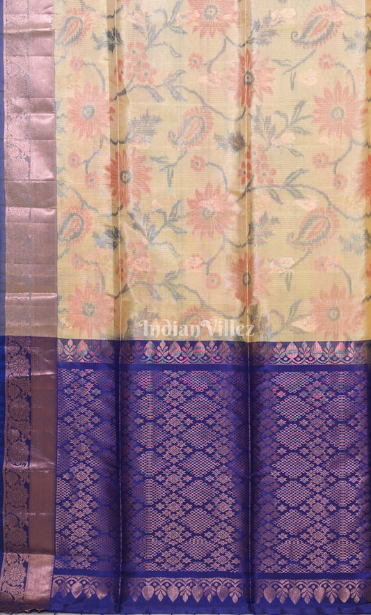 Cream Blue Pure Kanjivaram Soft Silk Saree