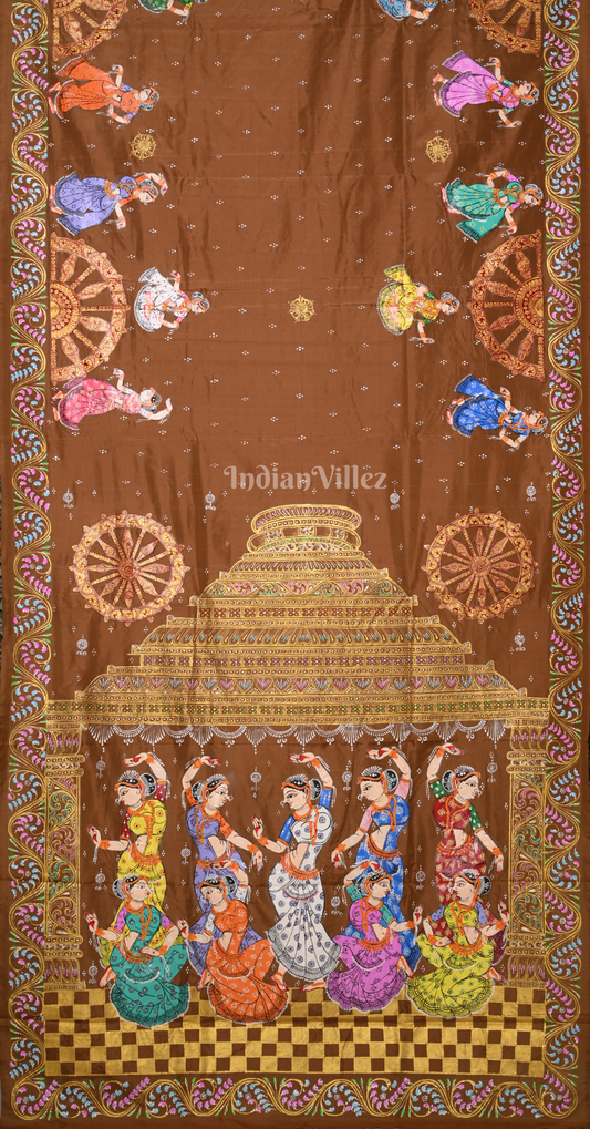 Brown Nartaki Konark Temple Hand-Painted Pattachitra Saree