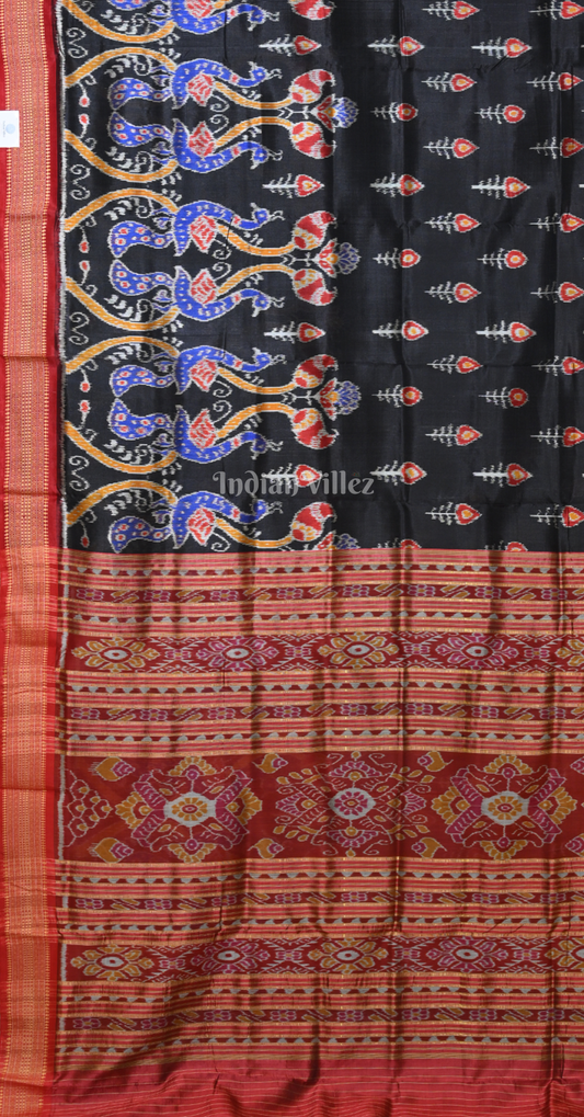 Black Maroon Peacock Scott Odisha Ikat Khandua Silk Saree