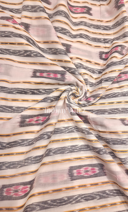 Off White Black Stripped Odisha Ikat Sambalpuri Cotton Fabric