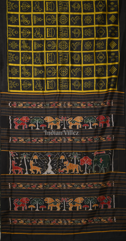 Black Yellow Nabakothi Odisha Ikat Contemporary Designer Silk Saree with Jungle Anchal