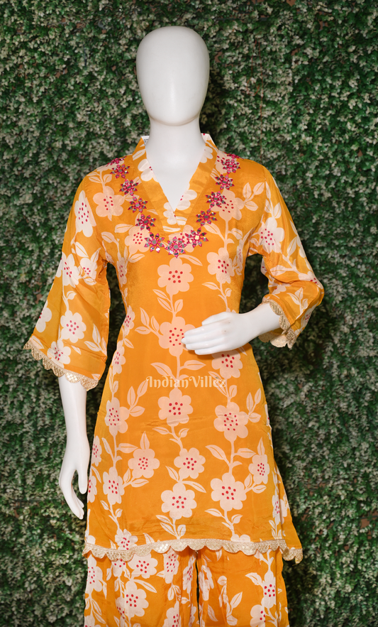 Designer Yellow Floral Printed Kurta & Pant Set-(Co-Ords Set)