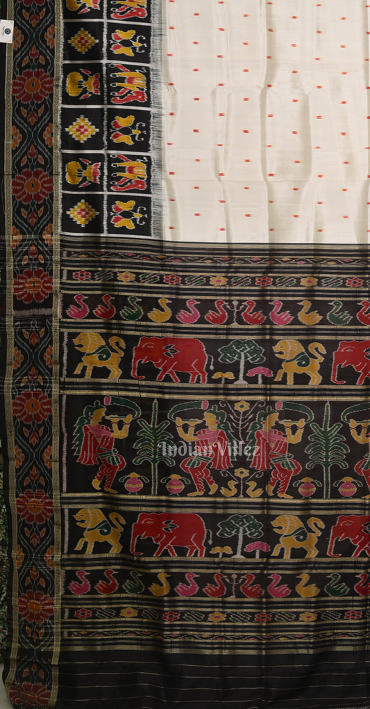 White Black Dot Half Nabakothi Border Odisha Ikat Khandua Silk Saree