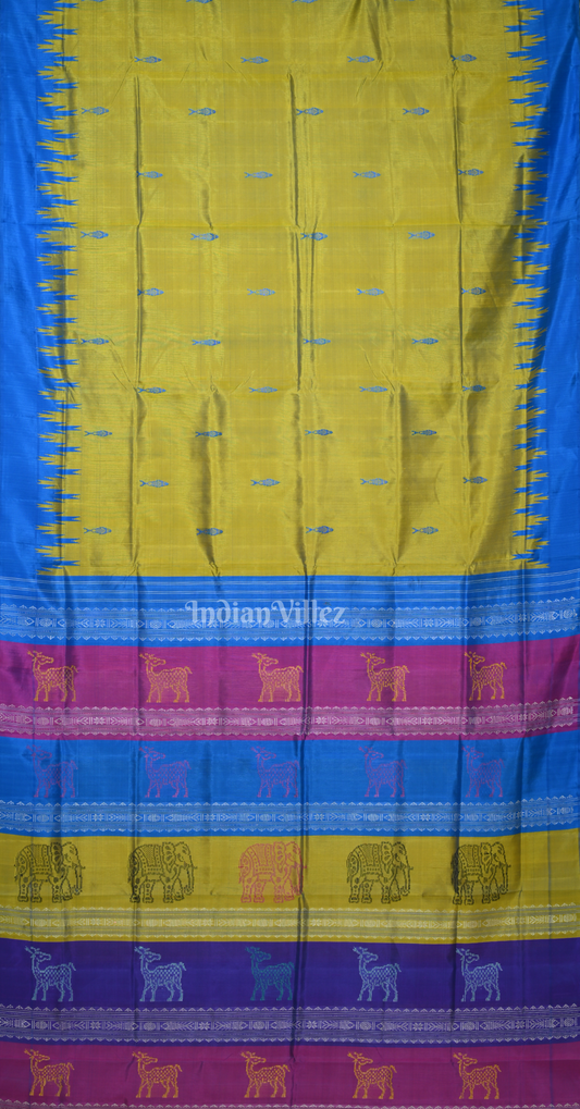 Olive Green Blue Fish Motif Double Pallu Berhampuri Silk Saree