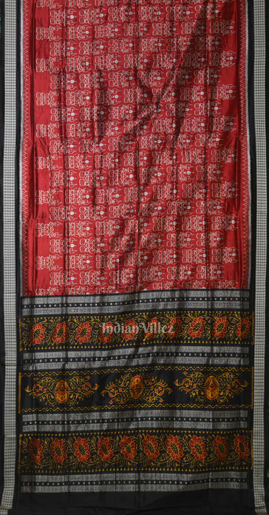 Red Black Sankha Padma Motif Odisha Ikat Sambalpuri Silk Saree