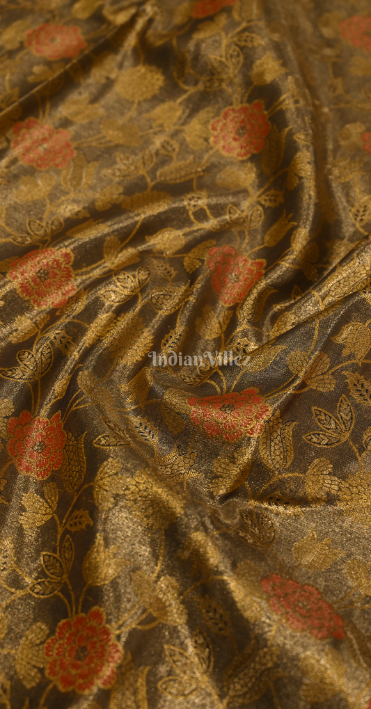 Brown Golden Floral Pure Kanjivaram Tissue Silk Saree