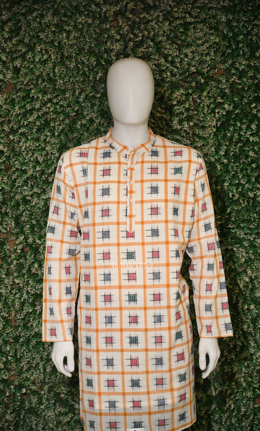 Cream Aswini Odisha Ikat Sambalpuri Cotton Kurta For Men