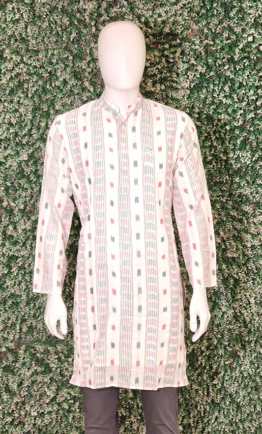 White Red Odisha Ikat Cotton Kurta for Men