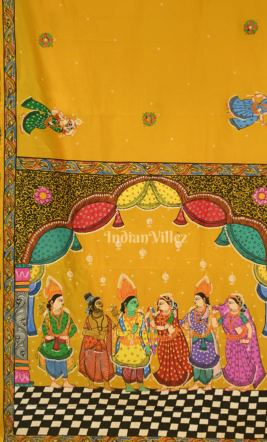 Mustard Yellow Ramayan Theme Hand-Painted Pattachitra Saree