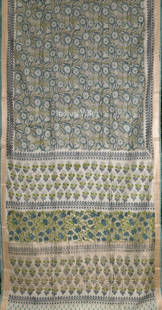 Grey with Multi Colour Block Printed Sanganeri Cotton Saree