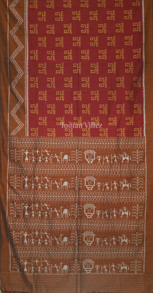 Maroon Brown Laxmipada Theme Odisha Ikat Sambalpuri Cotton Saree With Tribal Anchal
