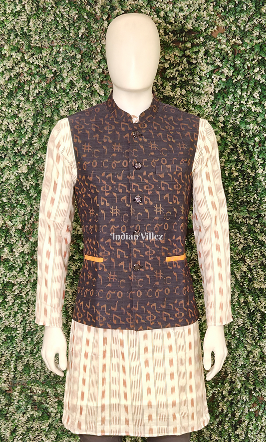 Navy Blue Musical Instrument Theme Odisha Ikat Half Bandi Jacket for Men