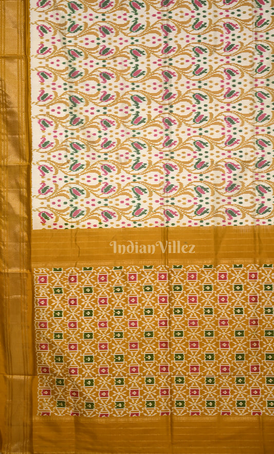 Off White Mustard Yellow Pochampally Ikat Silk Saree