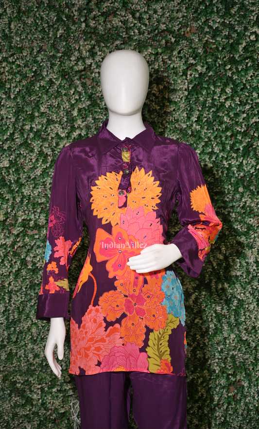 Purple Floral Printed Kurta & Pant Set-(Co-Ords Set)