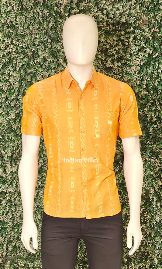 Light yellow Odisha Ikat Cotton Half Sleeve Shirt for Men