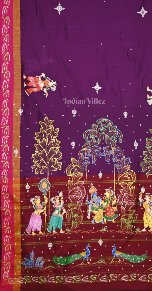Purple Maroon Radha Krishna Doli Theme Hand-Painted Pattachitra Saree