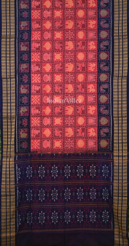 Peach Red Navy Blue Nabakothi Odisha Ikat Sambalpuri Cotton Saree
