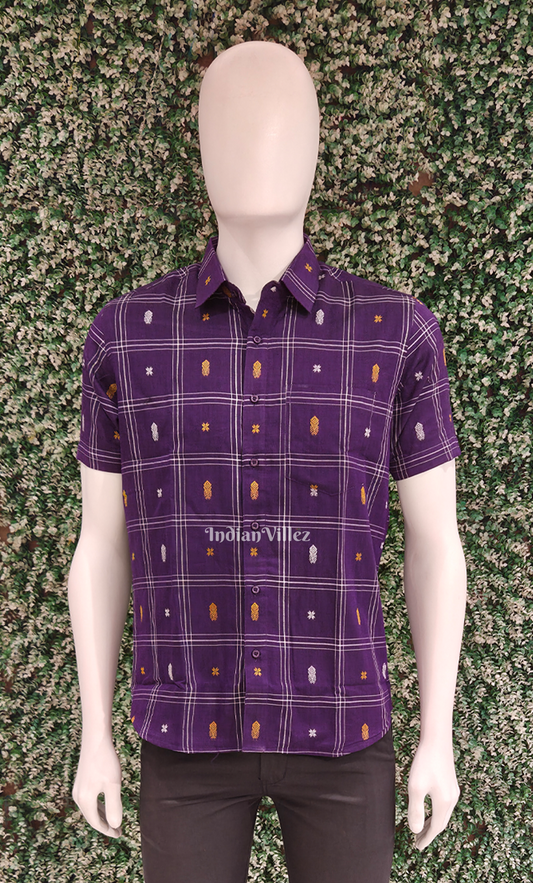 Purple Fish Motif Odisha Ikat Cotton Half Sleeve Shirt for Men