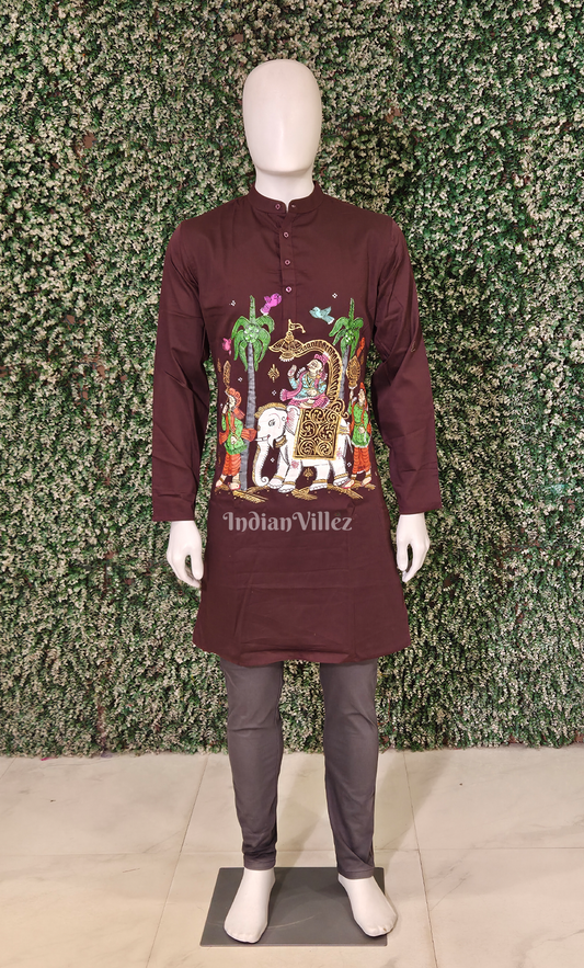 Coffee Kandarpa Hati (Elephant) Hand-Painted Pattachitra Kurta (Cambric Cotton)