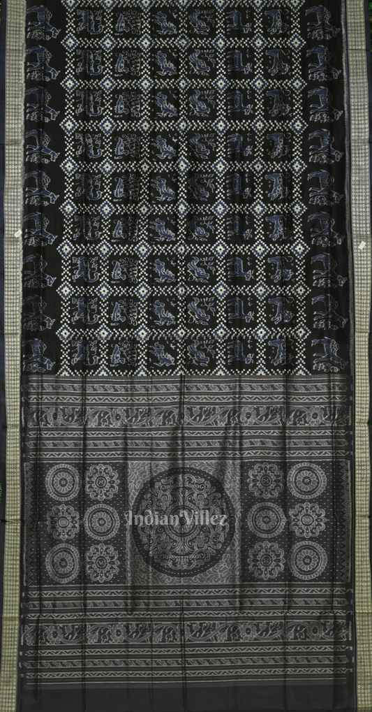 Black White Telia Rumal Odisha Ikat Sambalpuri Silk Saree