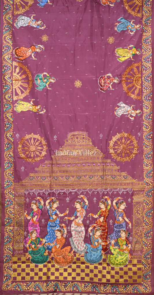 Pink Golden Nartaki Konark Temple Hand-Painted Pattachitra Saree