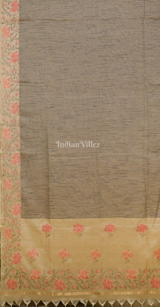 Dusty Brown Tusasr Silk Saree with Pink Floral Bird Embroidery Work