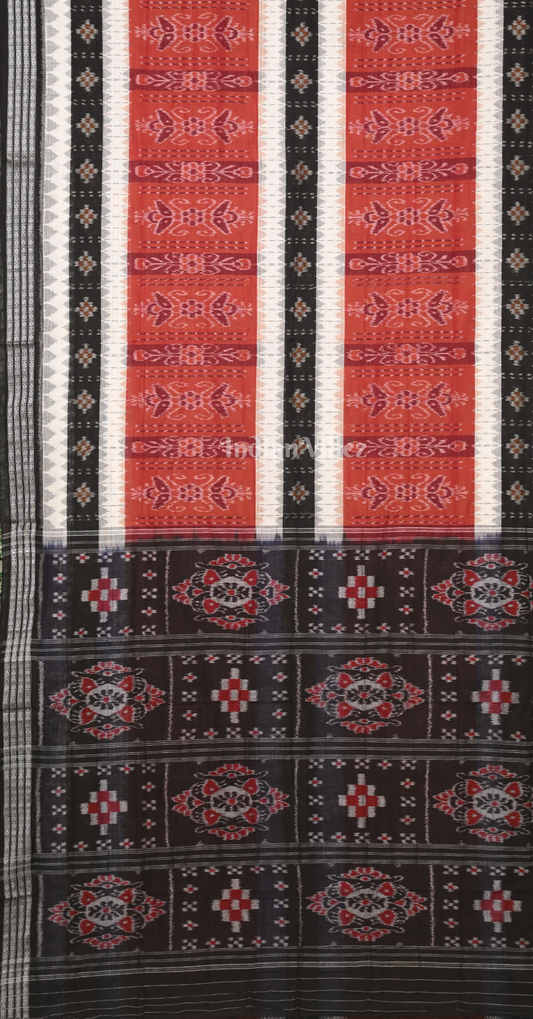 Brick Red Black Triple Line Pasapali Odisha Ikat Sambalpuri Cotton Saree