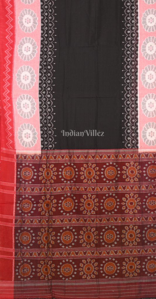Black Red Flower Scot Odisha Ikat Sambalpuri Cotton Saree
