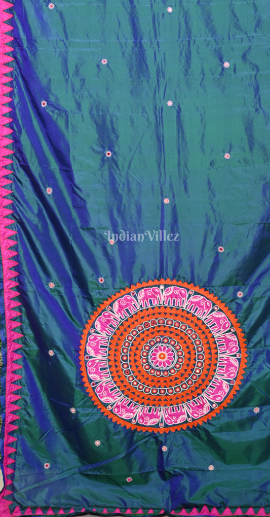 Peacock Blue Pink Hand Embroidered Applique Work Saree