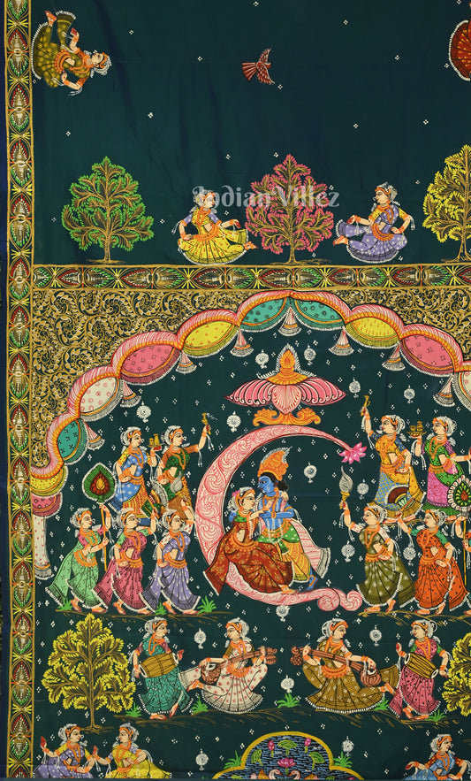 Peacock Blue Ardha Chandra Krishna Rasa Leela Hand-Painted Pattachitra Saree