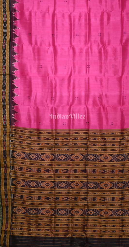Rani Pink Black Buti Design Odisha Ikat Khandua Silk Saree