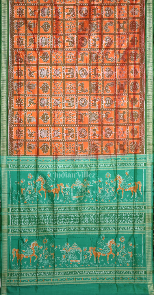 Rust Orange with Sea Green Nabakothi Odisha Ikat Sambalpuri Silk Saree