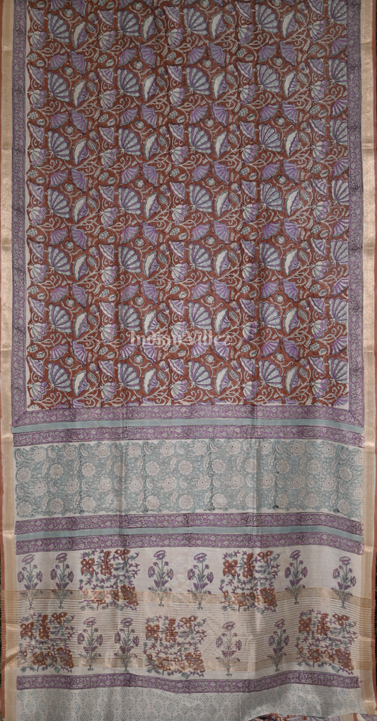 Light Maroon Block Printed Sanganeri Cotton Saree