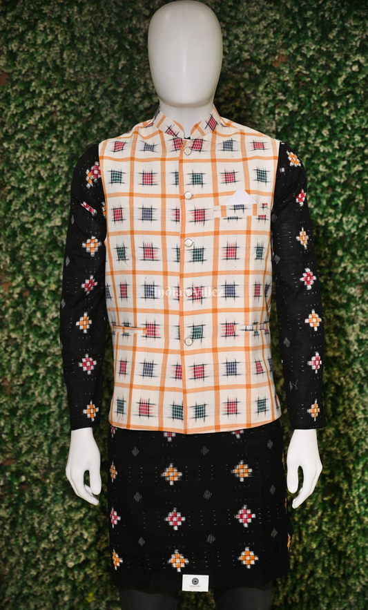 Beige Ashwini Odisha Ikat Half Bandi Jacket for Men
