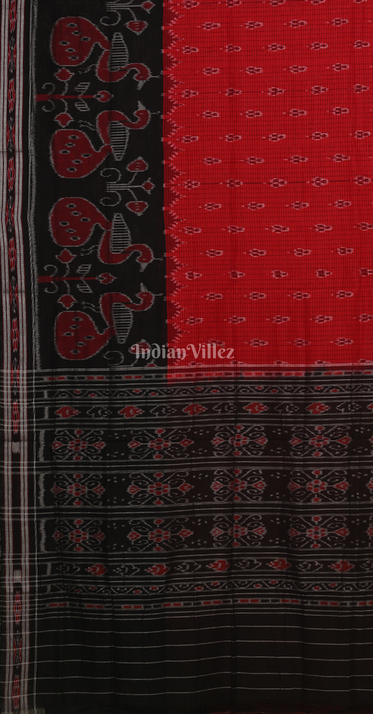 Red Black Peacock Scott Odisha Ikat Maniabandha Cotton Saree