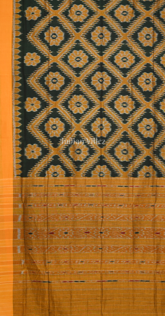 Bottle Green Yellow Bada Phula Odisha Ikat Maniabandha Cotton Saree