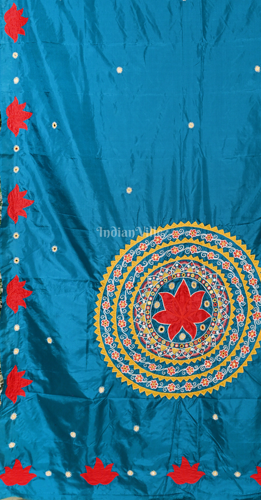 Blue Red Applique Work Hand Embroidered Saree