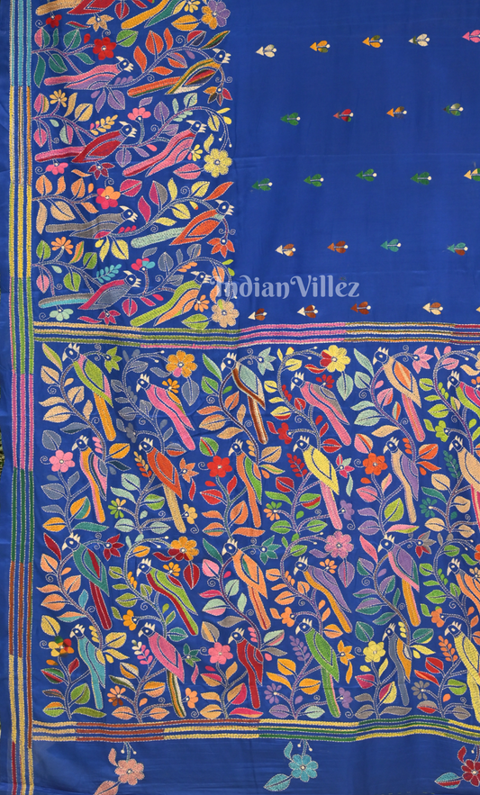 Royal Blue Flower Motif Handwoven Kantha Stitch Silk Saree