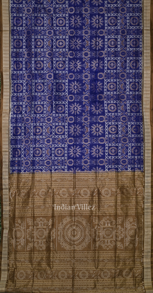 Blue Brown Pasapali Odisha Ikat Sambalpuri Silk Saree with Jhoti Anchal