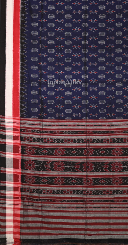 Navy Blue Maroon Damru Pasapali Odisha Ikat Maniabandha Cotton Saree