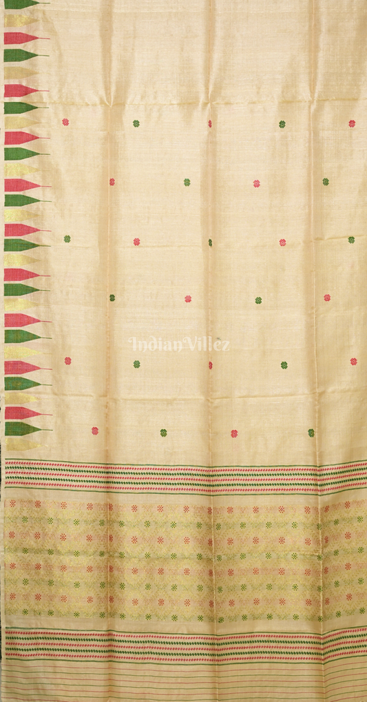 Beige with Green Pink Buti Design Tussar Silk Jamdani Saree