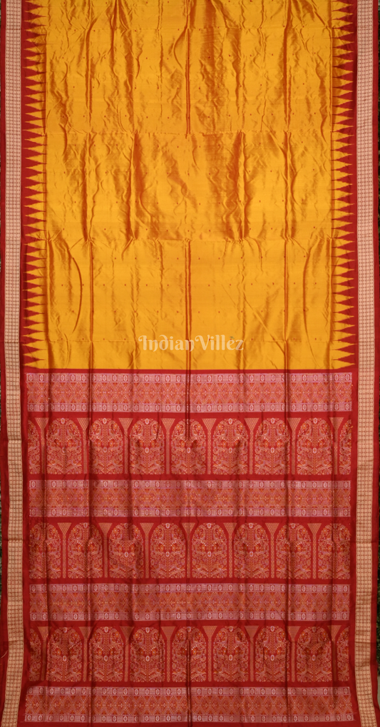 Mustard Yellow Red Butti Design Odisha Ikat Bomkai Silk Saree